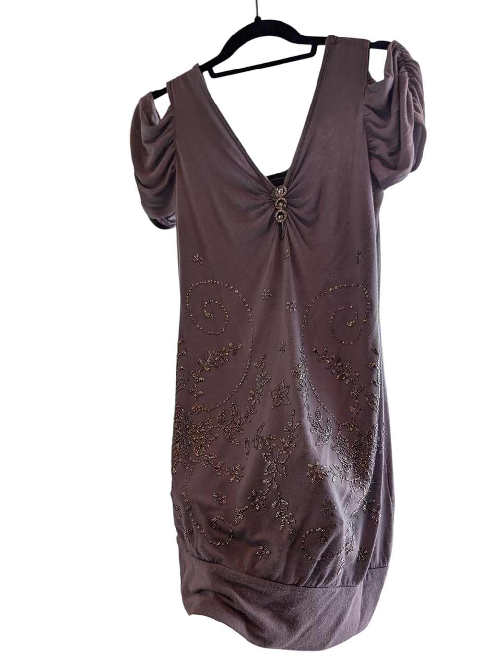 Fresh Of La Embellished Mauve V-Neck Short Sleeve Mini Dress